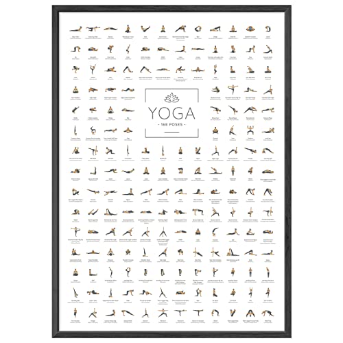 JUNOMI® Yoga Póster DIN A2 con marco negro, accesorios de yoga para estudios y ejercicios en casa, idea de regalo de yoga perfecta, ejercicios de yoga para principiantes y profesionales | con marco