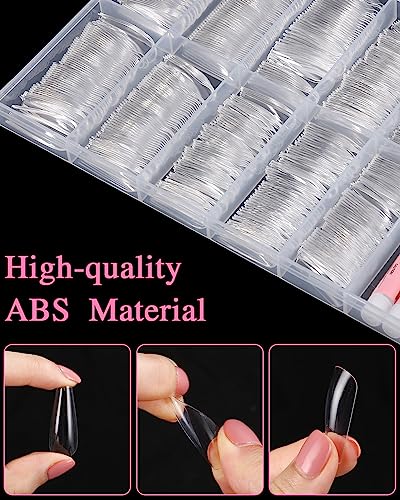 jutyum Uñas Postizas, 500 Piezas Tips Uñas, Tips Uñas Acrilicas, Uña Falsa Artificial de Acrílico Puntas con 4 Piezas Pegamento de Uñas y Caja, para Mujeres Niñas（Transparente）