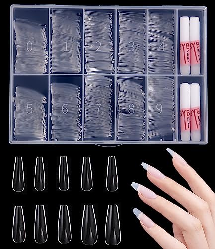 jutyum Uñas Postizas, 500 Piezas Tips Uñas, Tips Uñas Acrilicas, Uña Falsa Artificial de Acrílico Puntas con 4 Piezas Pegamento de Uñas y Caja, para Mujeres Niñas（Transparente）