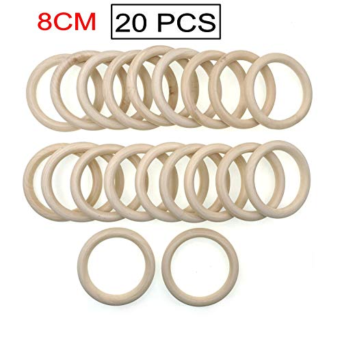 JZK 20 PCS 8cm Grande anillos de madera natural para manualidades, anillo madera sin terminar para macramé dentición bebe colgador de macetas plantas, redondos aros madera mordedor