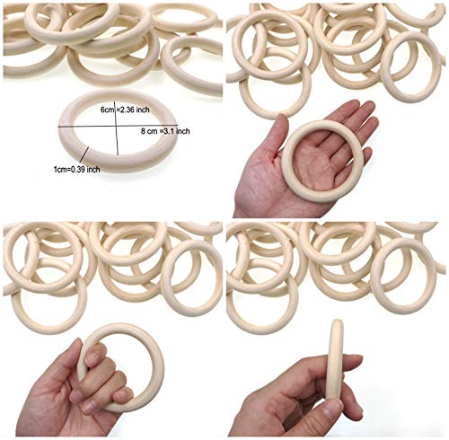 JZK 20 PCS 8cm Grande anillos de madera natural para manualidades, anillo madera sin terminar para macramé dentición bebe colgador de macetas plantas, redondos aros madera mordedor