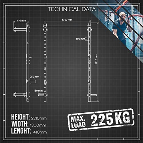 K-Sport: Rack de pared cuadrado con barra de dominadas para montaje en pared de hasta 225 kg, soporte para sentadillas con dominadas I estación de fuerza ideal para el hogar