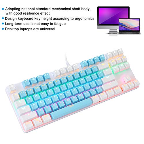 K100 Teclado de computadora con Cable de 87 Teclas, Teclado mecánico de Oficina para Juegos con Teclas de luz Mixtas, Efecto de Resistencia ergonómica, Interruptor Azul mecánico(Azul Blanco)