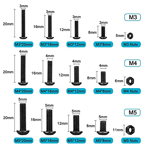 KAHEIGN 500 Piezas Tuercas y Pernos de Cabeza Hexagonal, Tornillos con Cabeza de Botón M3 M4 M5 Juego de Cabeza Troncocónica de Aleación de Acero