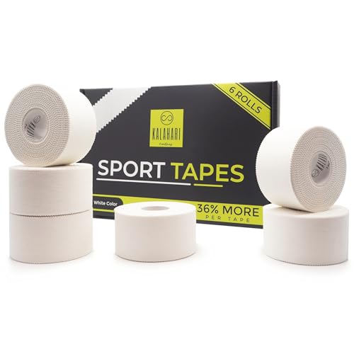 Kalahari 6 x Tape Deportivo Blanco - 3.8cm x 13.7m - Cinta Adhesiva con Borde Serrado - Vendaje Funcional para Crossfit, Escalada, Vóleibol, Boxeo, de Dedos – Esparadrapo No Elástico 100% Algodón