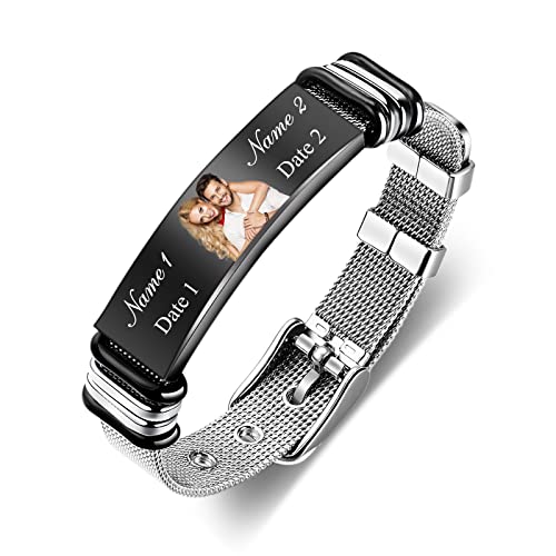 kaululu Personalizados Pulsera con Nombre Foto Grabado para Hombre Mujer in Acero Inoxidable Bff Joyería Hombre Personalizada Regalo de San Valentín Cumpleaños Vistoso Negro