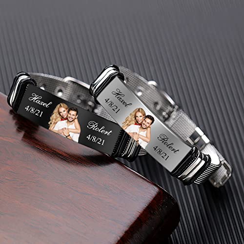 kaululu Personalizados Pulsera con Nombre Foto Grabado para Hombre Mujer in Acero Inoxidable Bff Joyería Hombre Personalizada Regalo de San Valentín Cumpleaños Vistoso Negro