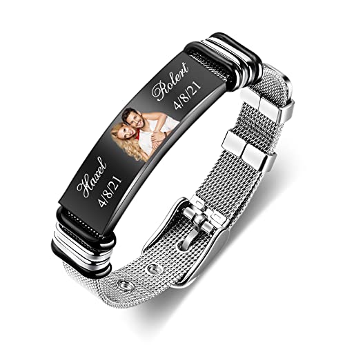 kaululu Personalizados Pulsera con Nombre Foto Grabado para Hombre Mujer in Acero Inoxidable Bff Joyería Hombre Personalizada Regalo de San Valentín Cumpleaños Vistoso Negro