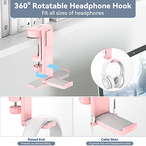 KDD Soporte Auriculares Gaming Rotación de 360°- 3 en 1 Soporte Mando & Reemplazable Soporte de Vaso - Soporte Cascos Gaming en ABS, Compatible con Auriculares Universales Controladores Vasos(Rosa)