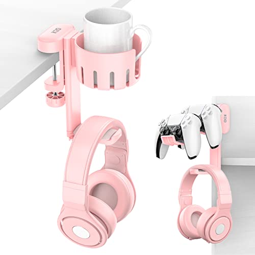 KDD Soporte Auriculares Gaming Rotación de 360°- 3 en 1 Soporte Mando & Reemplazable Soporte de Vaso - Soporte Cascos Gaming en ABS, Compatible con Auriculares Universales Controladores Vasos(Rosa)