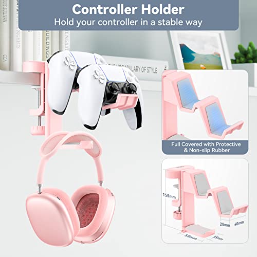 KDD Soporte Auriculares Gaming Rotación de 360°- 3 en 1 Soporte Mando & Reemplazable Soporte de Vaso - Soporte Cascos Gaming en ABS, Compatible con Auriculares Universales Controladores Vasos(Rosa)