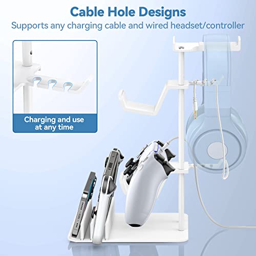 KDD Soporte Cascos Gaming, Soporte Mando y Porta Auriculares Mesa, Soporte con Barra de Aluminio, Headphone Stand Universal para Headset Mando Switch iPad Teléfono Móvil(Blanco)