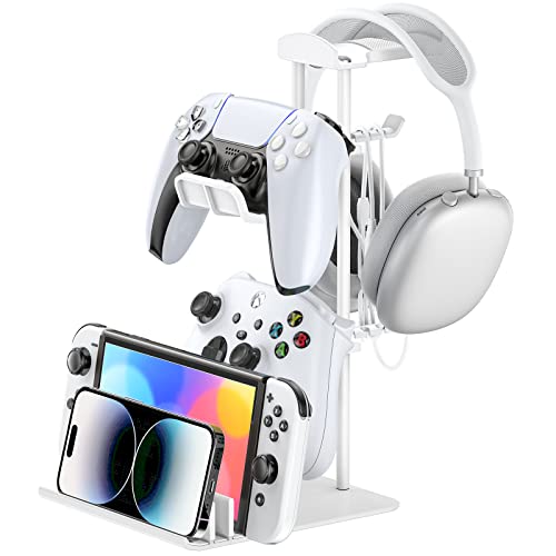 KDD Soporte Cascos Gaming, Soporte Mando y Porta Auriculares Mesa, Soporte con Barra de Aluminio, Headphone Stand Universal para Headset Mando Switch iPad Teléfono Móvil(Blanco)