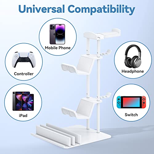 KDD Soporte Cascos Gaming, Soporte Mando y Porta Auriculares Mesa, Soporte con Barra de Aluminio, Headphone Stand Universal para Headset Mando Switch iPad Teléfono Móvil(Blanco)