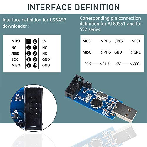 KeeYees 2 Piezas Descargador Programador para USBASP para ISP con Cable y Placa Adaptadora de 10 Pines a 6 Pines para 51 para AVR Microcontrolador