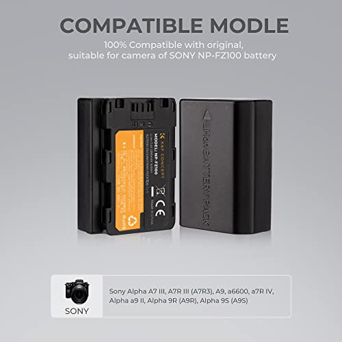 K&F Concept NP-FZ100 Batería de Repuesto(2 Pack) con Cargador Dual USB,Sony NP-FZ100 Batería de Cámara 2280mAh para Sony Alpha A7 III,A7R III (A7R3),A9,a6600,a7R IV,Alpha a9 II