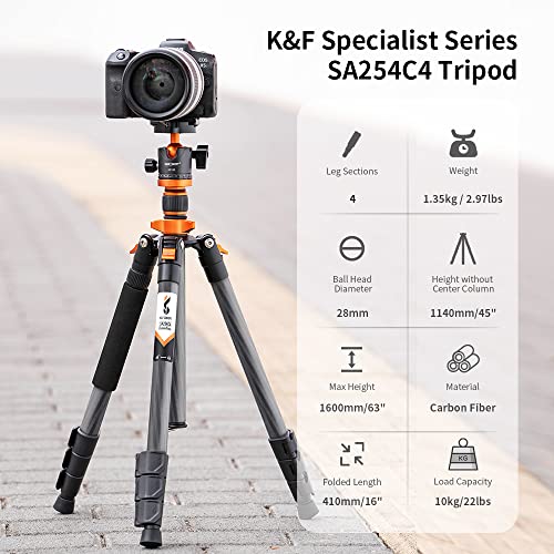 K&F Concept Trípode Cámara Carbono, 160cm Trípode de Viaje Ligero con Monopié, Trípode Profesional Compacto con Rótula de Bola 360°y Placa de Liberación Compatible con Cámara DSLR D254C1+BH-28L