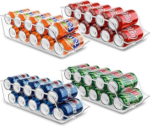 KICHLY Organizador Nevera latas (Pack de 4) - Apilable y Ahorra Espacio - Dispensador de Latas de Refresco para Despensa, Nevera, Congelador & Lavadero (Claro)