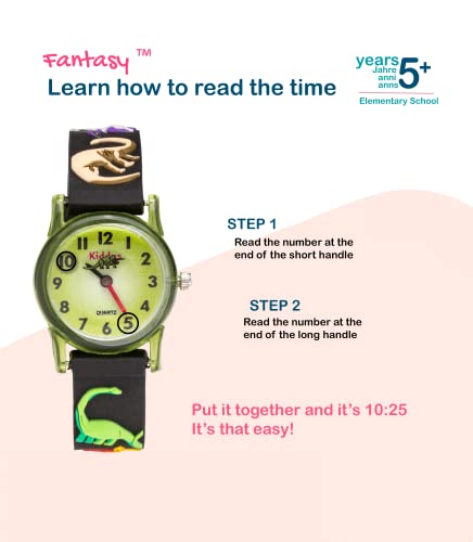 Kiddus Reloj Educativo de Calidad para niña y niño. Analógico de Pulsera, con Ejercicios Time Teacher para Aprender a Leer y Decir la Hora. Dinosaurios