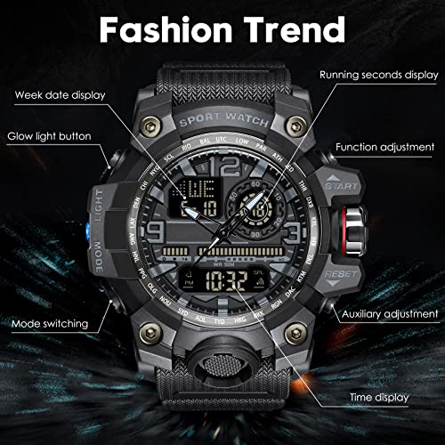 kieyeeno Hombre Relojes Deportivos, Digital Militares Relojes 50M Impermeable con Luz LED Cuenta Atrás Reloj Parada,Hora Dual, Electrónica Plastico Caja y Goma Correa Verde