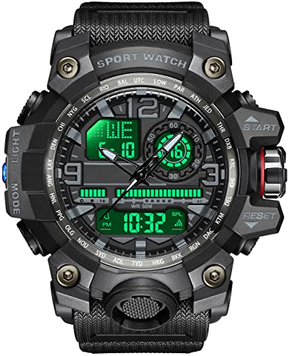 kieyeeno Hombre Relojes Deportivos, Digital Militares Relojes 50M Impermeable con Luz LED Cuenta Atrás Reloj Parada,Hora Dual, Electrónica Plastico Caja y Goma Correa Verde