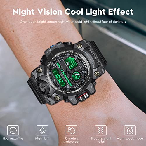 kieyeeno Hombre Relojes Deportivos, Digital Militares Relojes 50M Impermeable con Luz LED Cuenta Atrás Reloj Parada,Hora Dual, Electrónica Plastico Caja y Goma Correa Verde