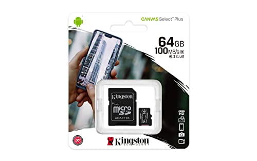 Kingston Canvas Select Plus Tarjeta microSD, garantía por vida con el fabricante, SDCS2/64GB Class 10 con Adaptador SD, Negro