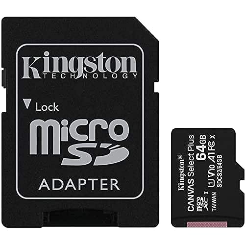 Kingston Canvas Select Plus Tarjeta microSD, garantía por vida con el fabricante, SDCS2/64GB Class 10 con Adaptador SD, Negro