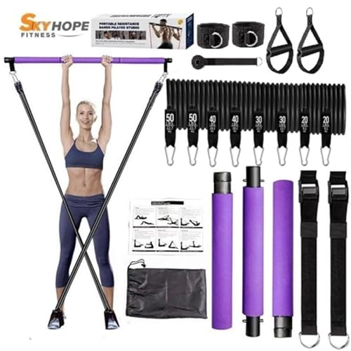 Kit Completo de Ejercicio con Barra de Resistencia Multifuncional Ajustable. Barra de Pilates con Diferentes Gomas Elásticas de 9-22,6 KG, Ideal para Hombre como para Mujer (Violeta)