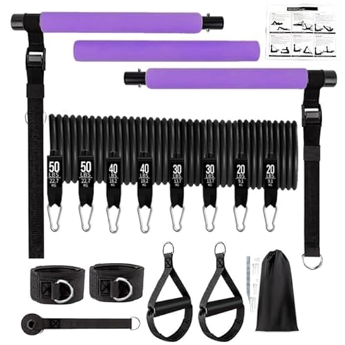 Kit Completo de Ejercicio con Barra de Resistencia Multifuncional Ajustable. Barra de Pilates con Diferentes Gomas Elásticas de 9-22,6 KG, Ideal para Hombre como para Mujer (Violeta)