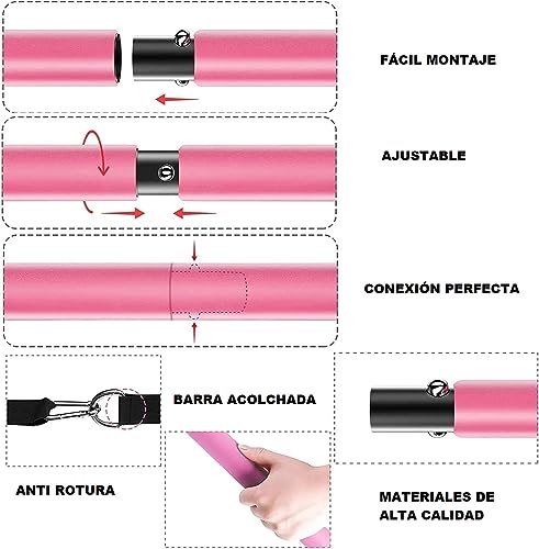 Kit Completo de Ejercicio con Barra de Resistencia Multifuncional Ajustable. Barra de Pilates con Diferentes Gomas Elásticas de 9-22,6 KG, Ideal para Hombre como para Mujer (Violeta)