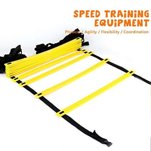 Kit de Escalera de Entrenamiento Speed Agility, 12 escaleras de Entrenamiento de peldaos Planos Ajustables (Amarillo) + 10 marcadores de Esquina de f¨²tbol (Boca Redonda Amarilla o Boca de Flor Nara