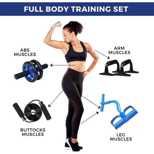 Kit Entrenamiento con Rodillo Abdominales, Comba de Saltar, Barra de Flexiones, Cuerda Elástica de Resistencia con Pedales y Alfombra para Rodillas. Set Fitness 5 en 1 Ejercicios en Casa y Gimnasio.