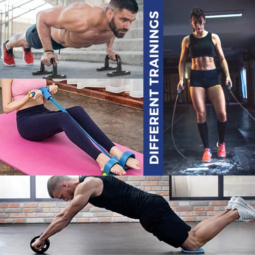 Kit Entrenamiento con Rodillo Abdominales, Comba de Saltar, Barra de Flexiones, Cuerda Elástica de Resistencia con Pedales y Alfombra para Rodillas. Set Fitness 5 en 1 Ejercicios en Casa y Gimnasio.