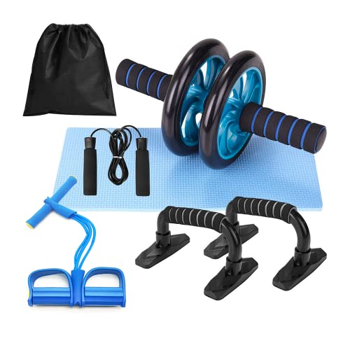 Kit Entrenamiento con Rodillo Abdominales, Comba de Saltar, Barra de Flexiones, Cuerda Elástica de Resistencia con Pedales y Alfombra para Rodillas. Set Fitness 5 en 1 Ejercicios en Casa y Gimnasio.