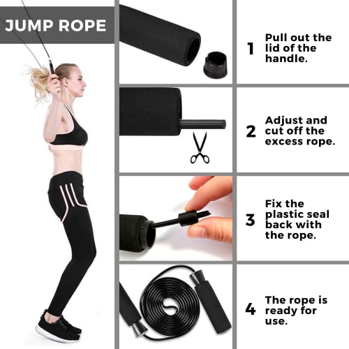 Kit Entrenamiento con Rodillo Abdominales, Comba de Saltar, Barra de Flexiones, Cuerda Elástica de Resistencia con Pedales y Alfombra para Rodillas. Set Fitness 5 en 1 Ejercicios en Casa y Gimnasio.