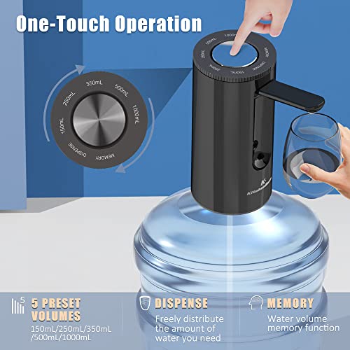 KitchenBoss-Dispensador de Agua Electrico-Bomba Agua Garrafa: Dosificador Agua Garrafas Portable, Carga Tipo C, Dosificador de Agua para Botellas de 3.8-18.9 litros, Negro