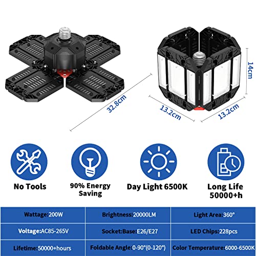 KITYHOME Lámpara de Garaje 200W,20000LM 6500K Deformación Lámpara de Garaje,Luz de Taller Deformable con 12+1 paneles ajustables para E26/E27,Garaje,Granero,Almacén Sótano,Gimnasio(2 PCS)