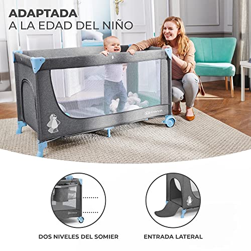 kk Kinderkraft JOY ACC Cuna de viaje para Bebé de hasta 25 kg, Plegado rápido y fácil, incluye Carrusel de cuna con 3 juguetes, Estantes para pañales y Cambiador, Bolsa de viaje, Azul