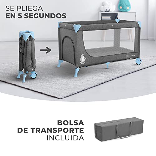 kk Kinderkraft JOY ACC Cuna de viaje para Bebé de hasta 25 kg, Plegado rápido y fácil, incluye Carrusel de cuna con 3 juguetes, Estantes para pañales y Cambiador, Bolsa de viaje, Azul