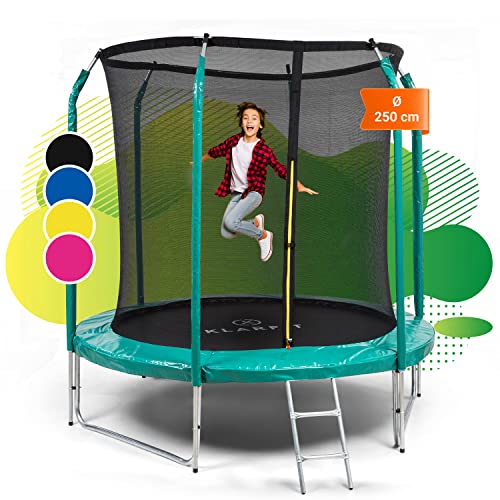 Klarfit Cama Elastica de Exterior con Red de Protección UV, con Cubierta para Lluvia, Escalera, Trampolín con Colchoneta, Juegos Niños para Jardín, 250 cm