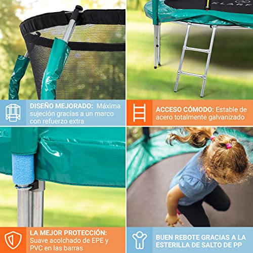 Klarfit Cama Elastica de Exterior con Red de Protección UV, con Cubierta para Lluvia, Escalera, Trampolín con Colchoneta, Juegos Niños para Jardín, 250 cm