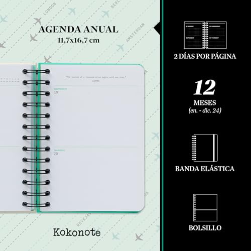 Kokonote Agenda Boarding Pass 2024 - Agenda anual 2024 dos días por página - Agenda pequeña 2024, Planificador diario 2024 - Agenda 2024