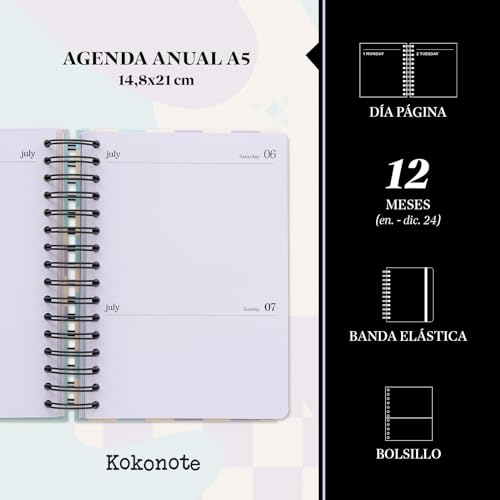 Kokonote Agenda Slay It 2024 - Agenda anual A5 día por página con ilustraciones - Planificador diario