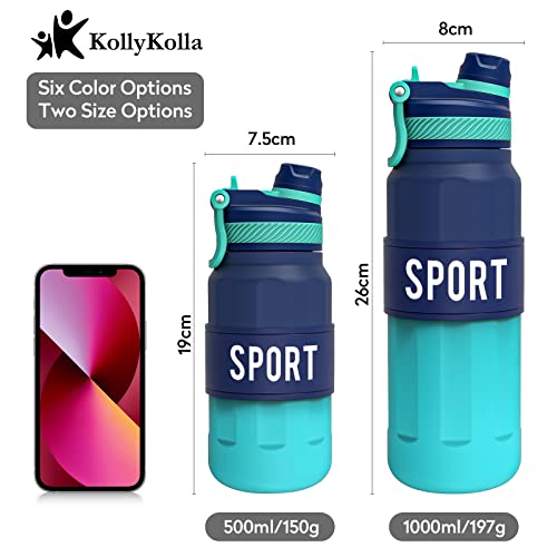 KollyKolla Botella Agua 1 Litro, Botella de Agua Deportiva con Paja, Sin BPA & Reutilizable, Botella Gimnasio Prueba de Fugas, 2 en 1 Tapa de Botella, Botella 1 Litro Para Gym, Fitness, Oficina