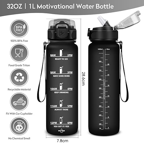 KollyKolla Botella de Agua 1L, Botella Agua Deporte con Pajita, Botella Agua Motivadora sin BPA & Prueba de Fugas, Reutilizable Cantimplora para Adulto, Niños, Colegio, Gimnasio, Oficina, Bicicleta