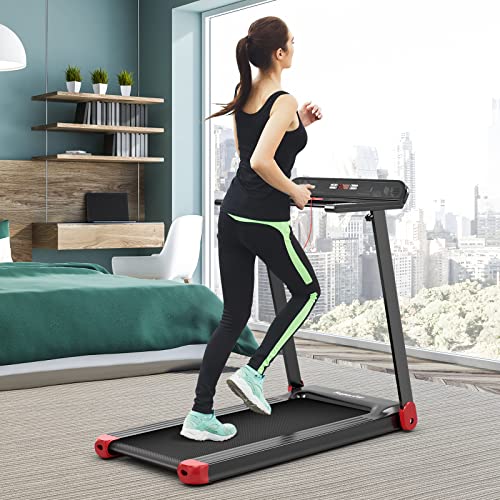 KOMFOTTEU Cinta de Correr Plegable para Casa, Máquina de Correr 1-12 km/h 550W, Andador con Pantalla LCD, App Bluetooth, 3 Modos y 12 Programas, Cinta de Correr Eléctrica 100kg Portátil (Rojo)