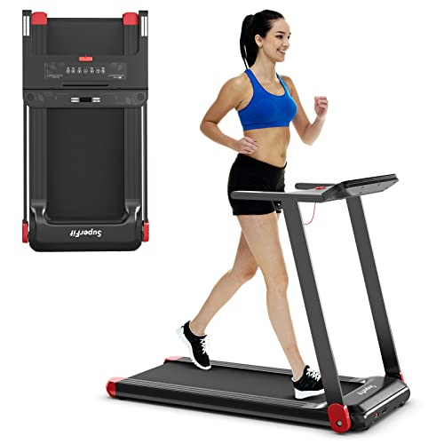 KOMFOTTEU Cinta de Correr Plegable para Casa, Máquina de Correr 1-12 km/h 550W, Andador con Pantalla LCD, App Bluetooth, 3 Modos y 12 Programas, Cinta de Correr Eléctrica 100kg Portátil (Rojo)