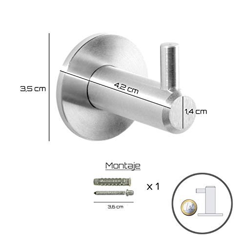 Kon-fort Home Colgador Toalla Baño 2 Unidades, Diseño Acero Inoxidable AISI 304, Cepillado Mate con Tornillo.