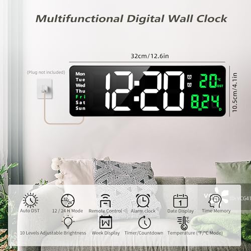 Koolertron Reloj de Pared, Reloj Digital de Pared 16 Pulgada con Control Remoto para Sala de Estar,Gimnasio,Tienda,Oficina,Brillo Automático con Despertador,Fecha,Semanal y Temperatura